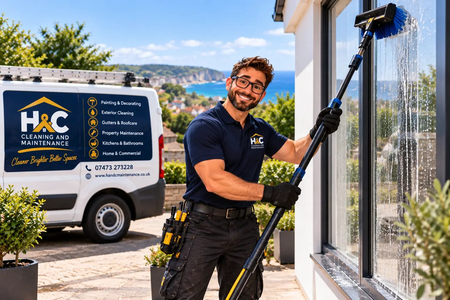 Matt cleaning upper windows with a water-fed pole in Hailsham