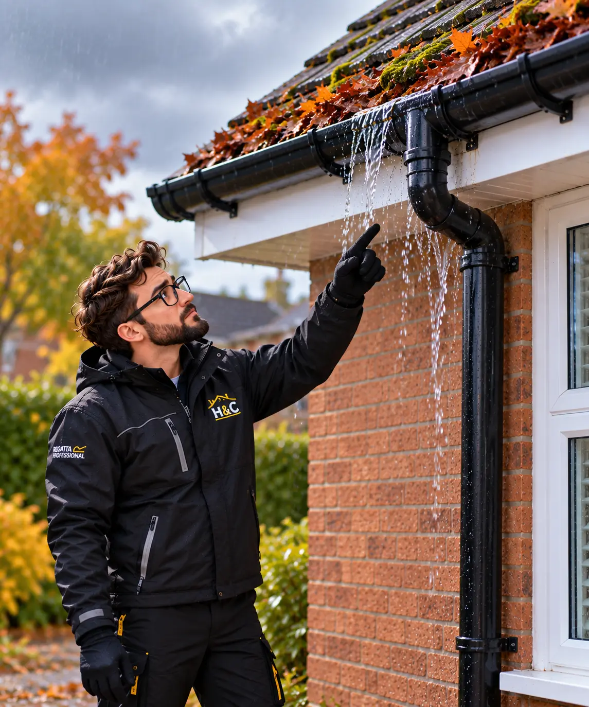 Matt pointing out a mossy roof and an overflowing gutter