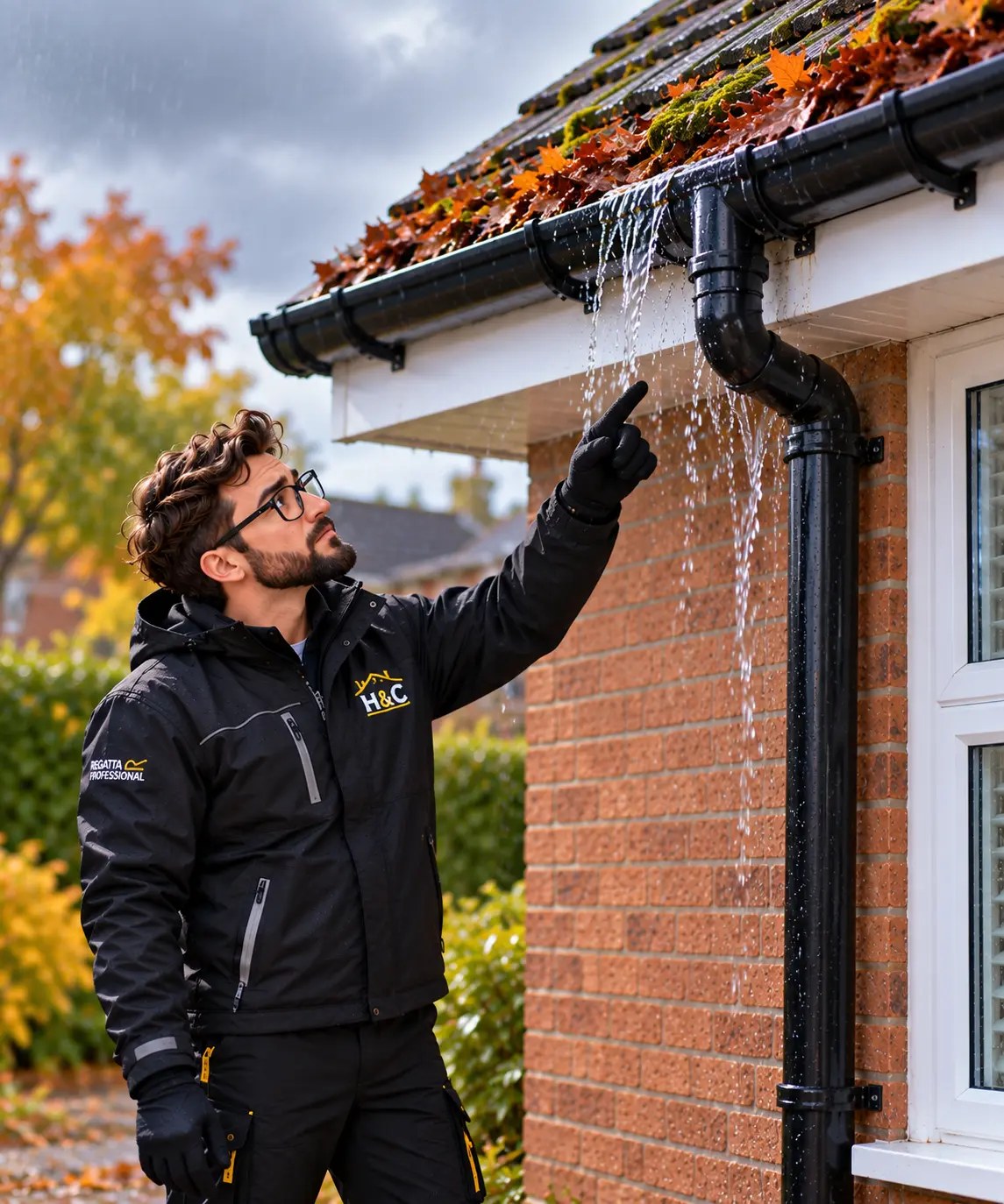 Matt clearing autumn leaves from a house gutter by hand in Hailsham
