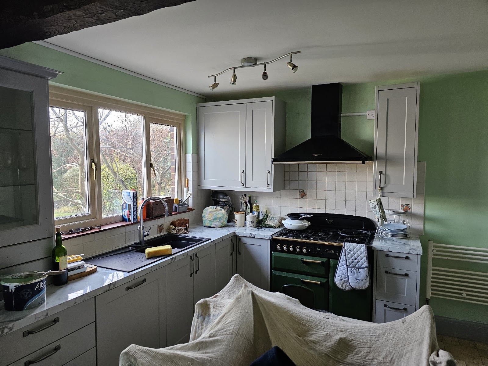 Green kitchen with range cooker by H&C Cleaning and Maintenance in Hailsham