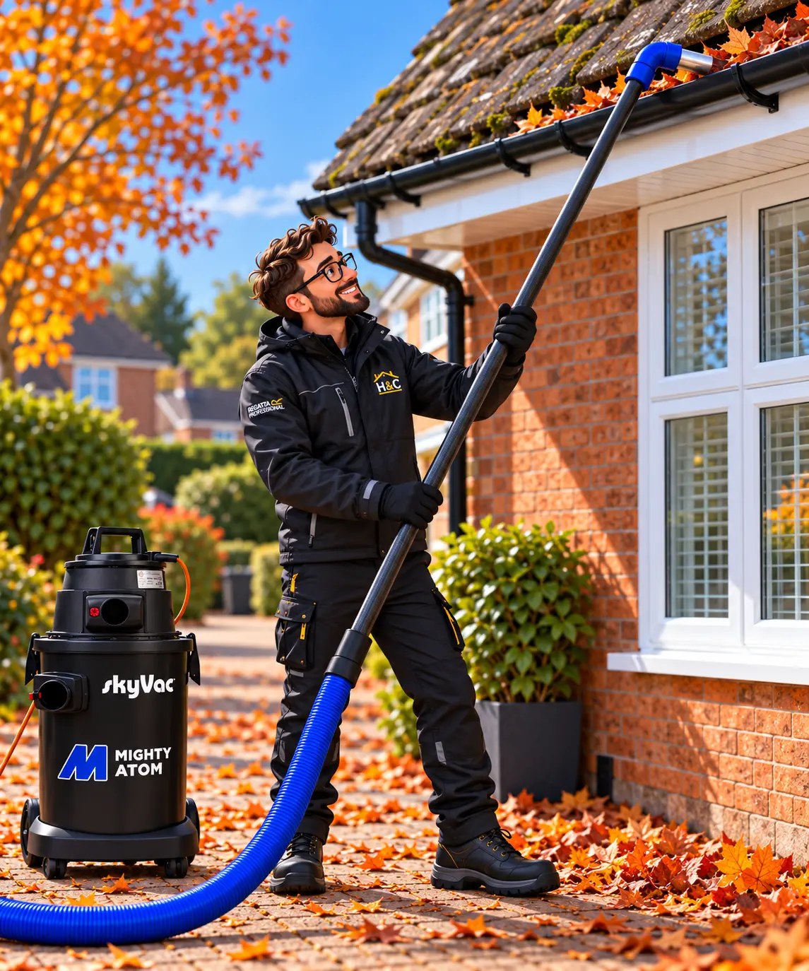 Matt using a skyVac gutter vacuum on a house surrounded by autumn leaves in Hailsham