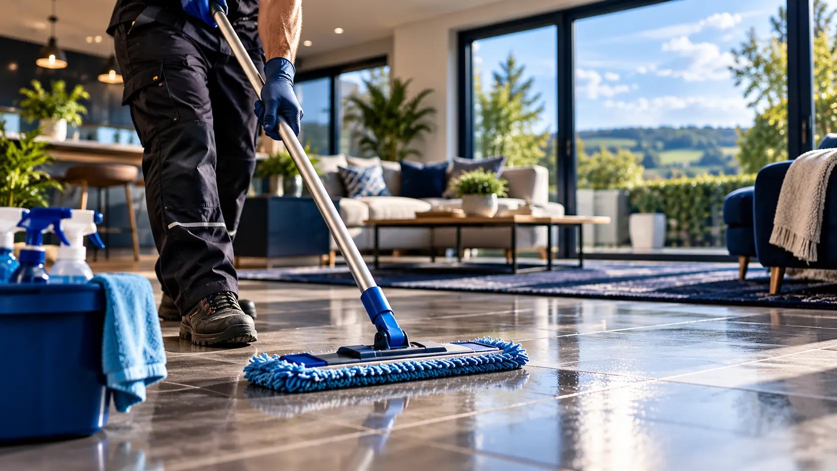 Matt machine-mopping a hard floor in a Hailsham home
