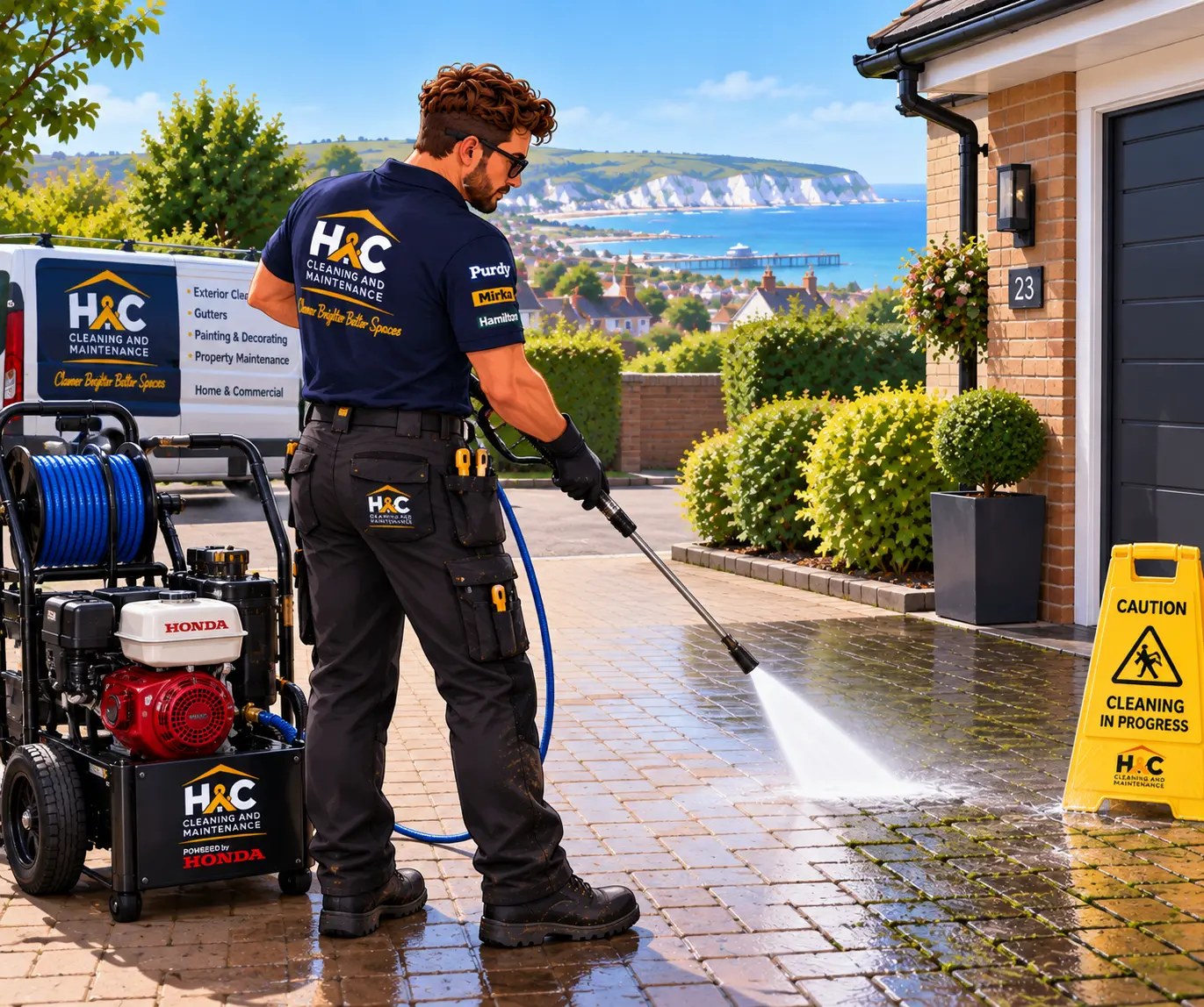 Matt pressure washing a block-paved driveway with the H&C van in Hailsham
