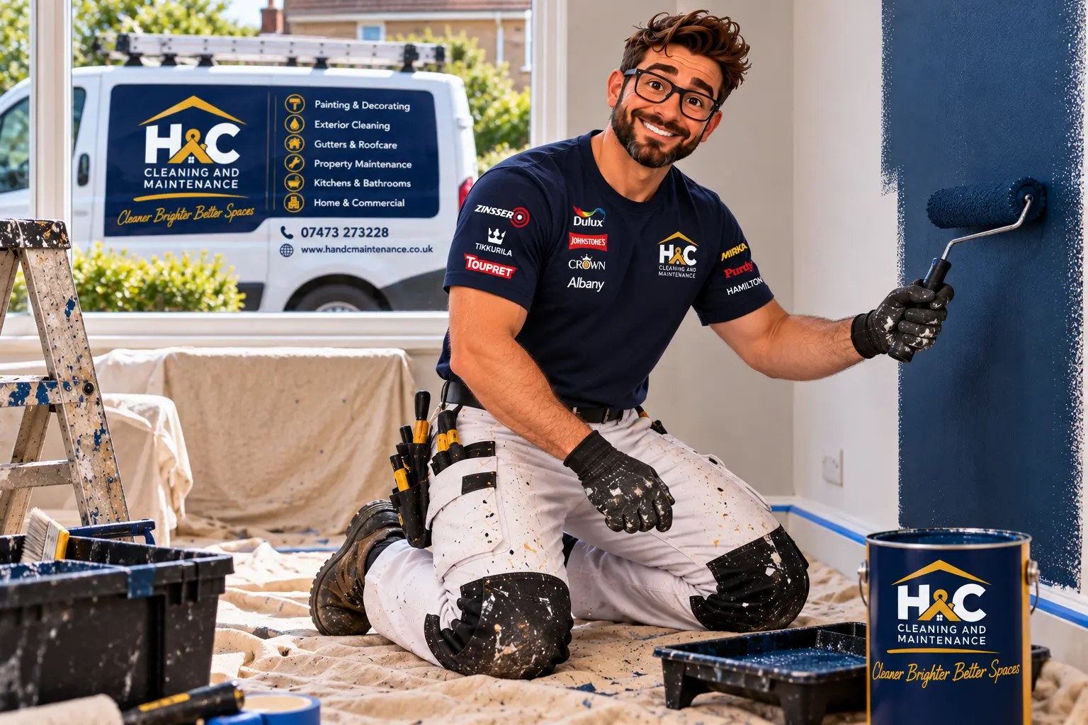Matt repainting a wall in deep navy with the H&C van outside in Hailsham